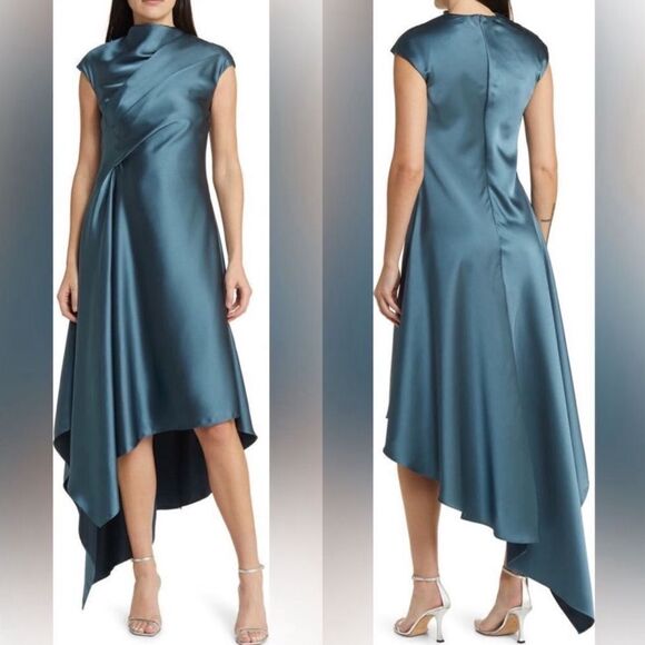 Amsale NWT Draped Satin Asymmetric Cocktail Dress in Petrol Size 12 MSRP $595 - Picture 1 of 11